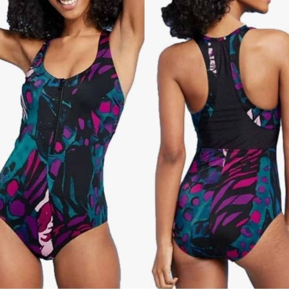 NWT Zip Front Racerback Laser Cut Mesh One Piece Swimsuit Tropical Black Medium